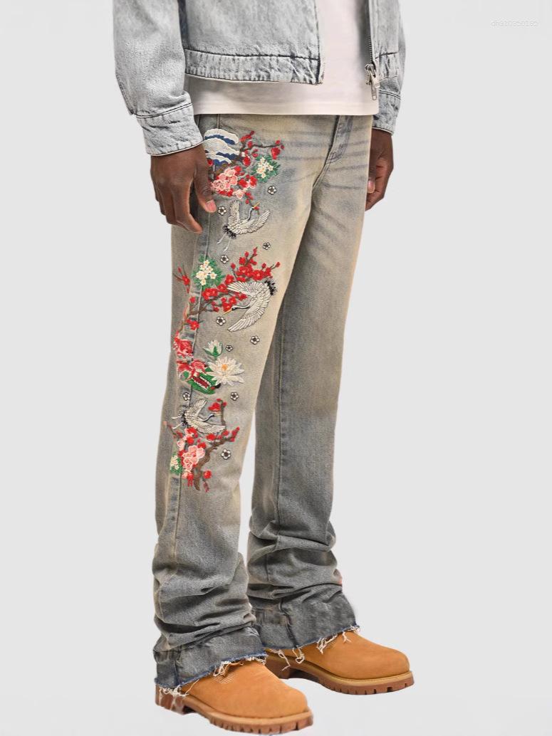 Men's Jeans Vintage Embroidered Straight Jeans High-quality Fashion Brand Y2K Fashion Floral Design Punk Style Trousers Stretch Male Streetwear D