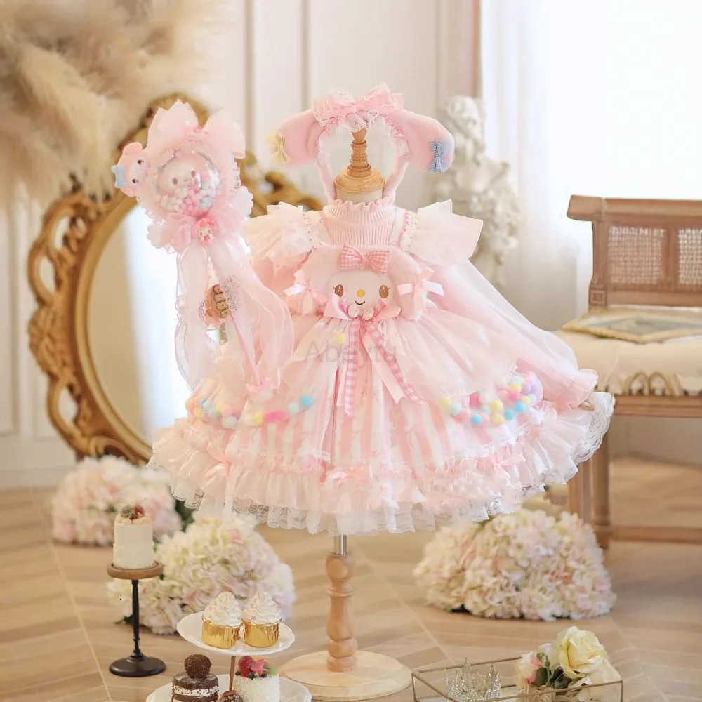 Sanrio Winter Kawaii Children Sweater Dress Anime Plush Warm Cartoon Princess Blue Lolita Dress Cute Birthday Party Cosplay Dress Gift H251216