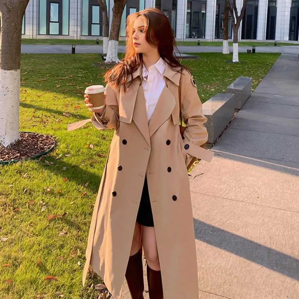 Fall Spring Women Jacket Turn-down Collar Double-breasted Overcoat With Belt Mid-calf Length Solid Color OL Commuting CoatT251216