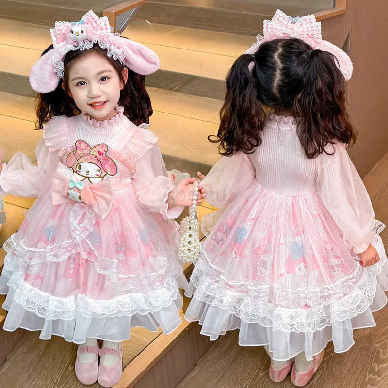 Sanrio Anime My Melody Girls Lolita Princess Dress Lace Party Dress Bow Decoration Knitted Dress Ruffled Tutu Skirt Layered Dress Gift H251216