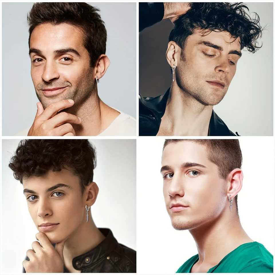 2pcs Gothic Punk Fashion Stainless Steel Feather Arrow Cone Circle Pendant Hoop Earrings Set for Men Women Daily Wear or Party G251216