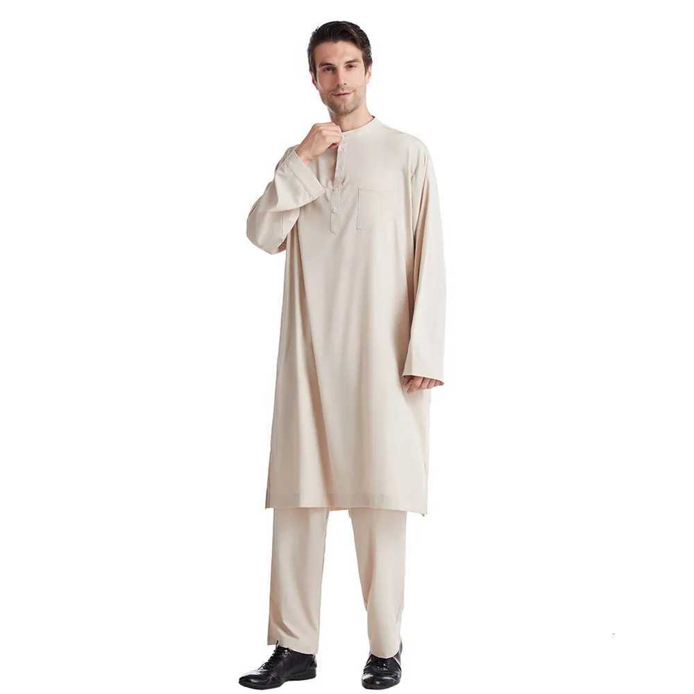 Men Jubba Thobe Muslim Two Pieces Set For Male Pakistan Dubai Saudi Abaya Prayer Islamic Clothing Worship Suit Arabic Ramadan W251216