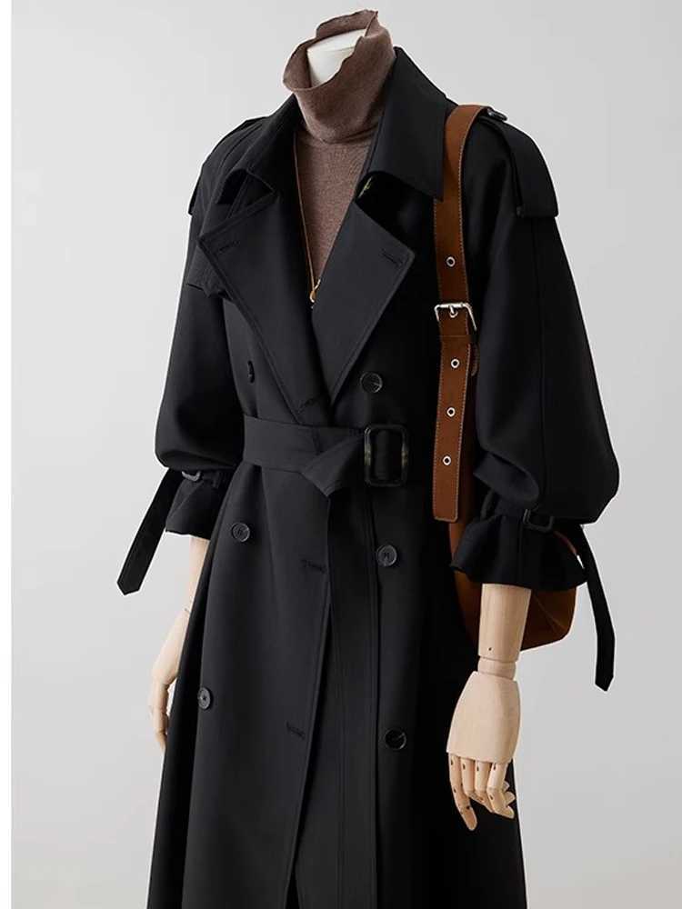 Lautaro Spring Autumn Oversized Khaki Long Trench Coat for Women Double Breasted Loose Casual Black Korean Fashion Overcoat 2025T251216