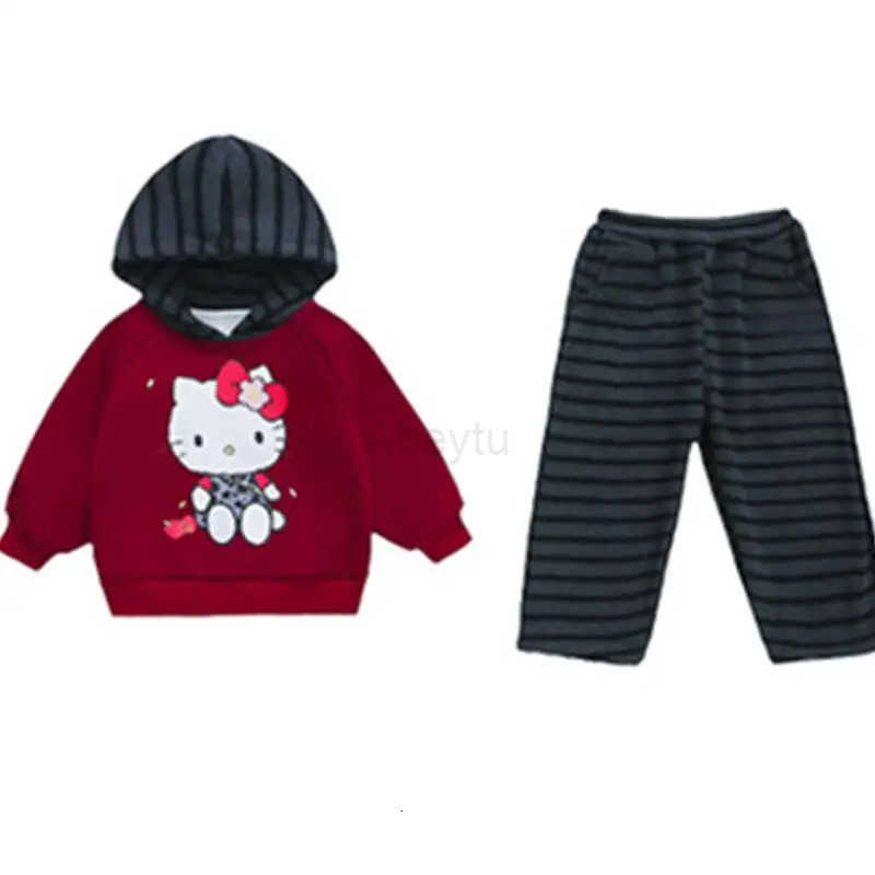 Sanrio Hello Kitty Thicken Two-Piece Set Hoodie Pants Girl Autumn Winter Hoodie Sportswear Child Kawaii Anime Cartoon Clothing H251216