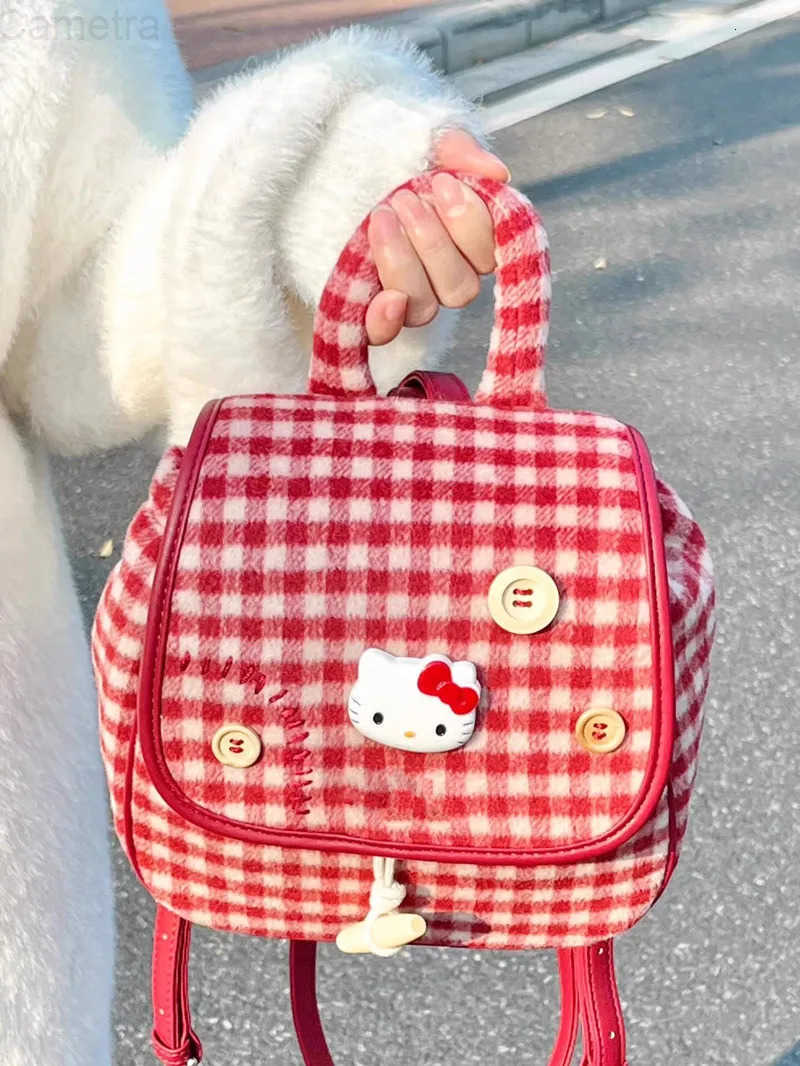 Sanrio Hello Kitty Lovely Atmosphere Red Plaid Small Backpack Woolen Large Capacity Travel Fresh Sweet Girlish Light Backpack H251216