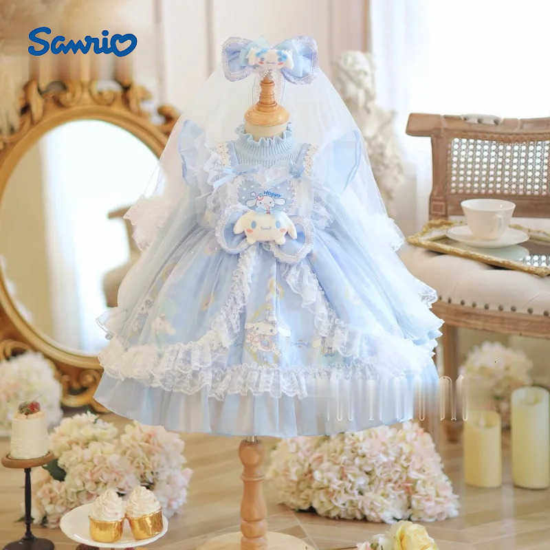 Sanrio Anime Cinnamoroll Girl Lolita Princess Dress with Lace Fluffy Skirt Bow Decoration Layered Ball Gown for Kids Festival Party H251216