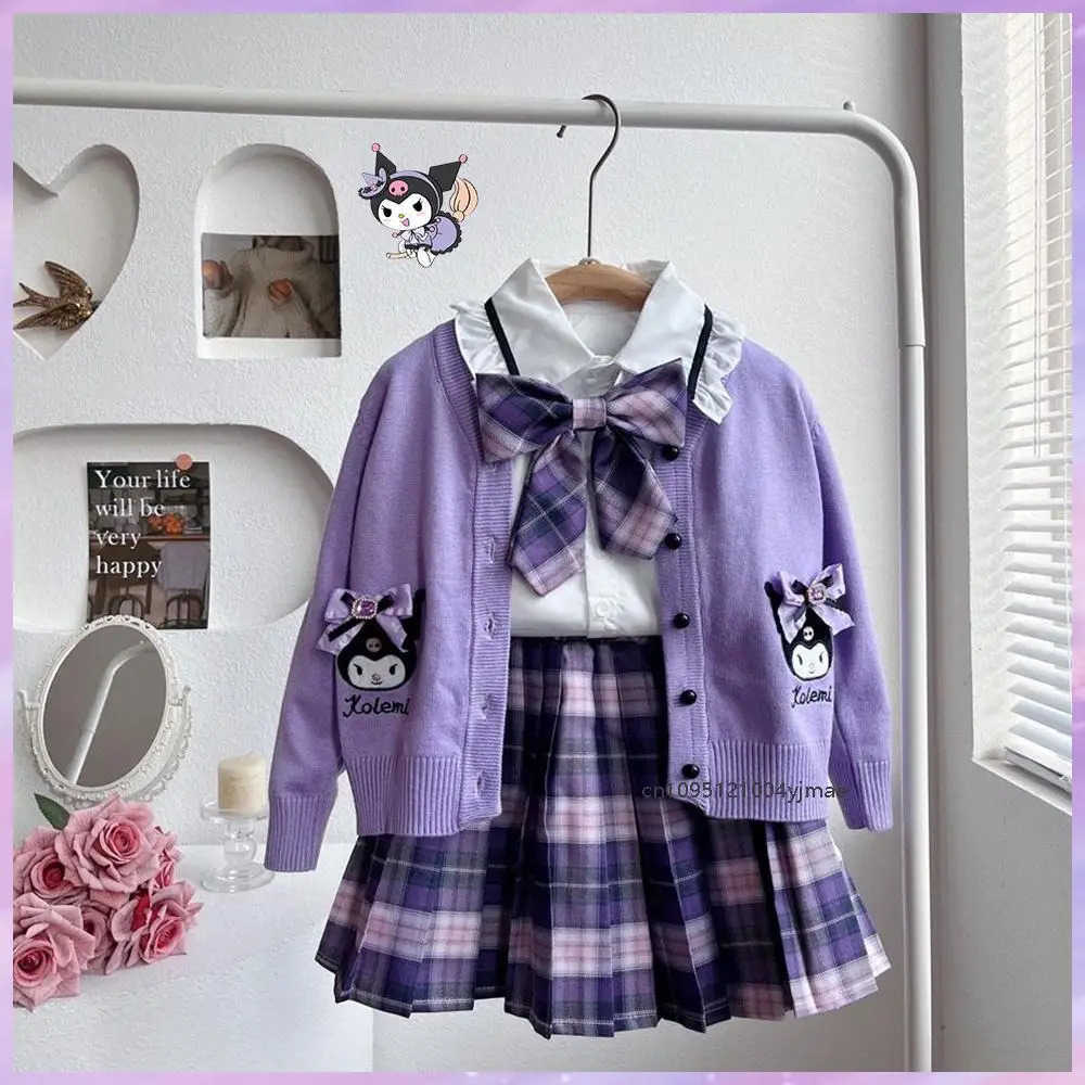 Sanrio Anime 3Pcs Kuromi Melody Girls Jk Plaid Skirt Set Fashion Cardigan Pleated Skirt Kids Spring Autumn College Style Teen H251216