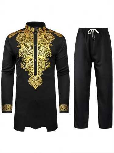 Men African Two Piece Set Traditional Suit Long Sleeve Gold Print Shirt Pants Party Africa 2024 Summer Gentleman Ethnic Outfit W251216