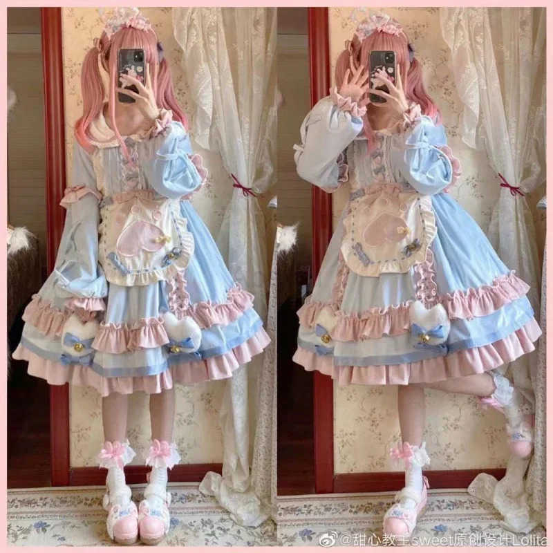 Sanrio 2025 Princess Dresses Peter Pan Collar Puff Sleeve Bow Ruffles Patchwork Dress Cosplay Costume Lolita Sweet Kawaii Girl QWE2025 H251216