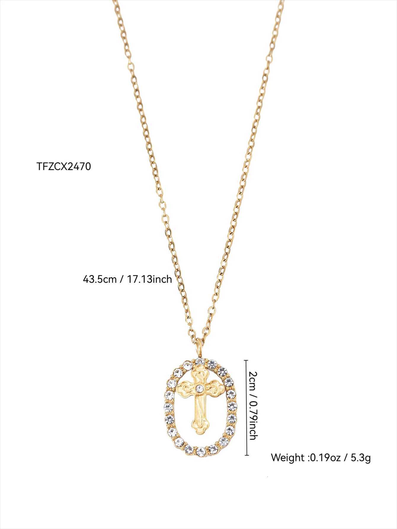 Vintage Elegant Charm Temperament Stainless Steel With Diamonds Hollow Oval Inlaid Cross Pendant Collarbone Chain Female M251216