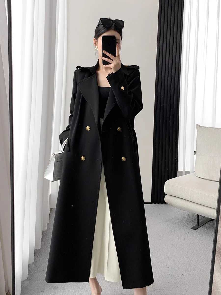 Lautaro Spring Autumn Long Black Trench Coat for Women Gold Buttons Double Breasted Elegant Chic Luxury Designer Clothes 2025T251216