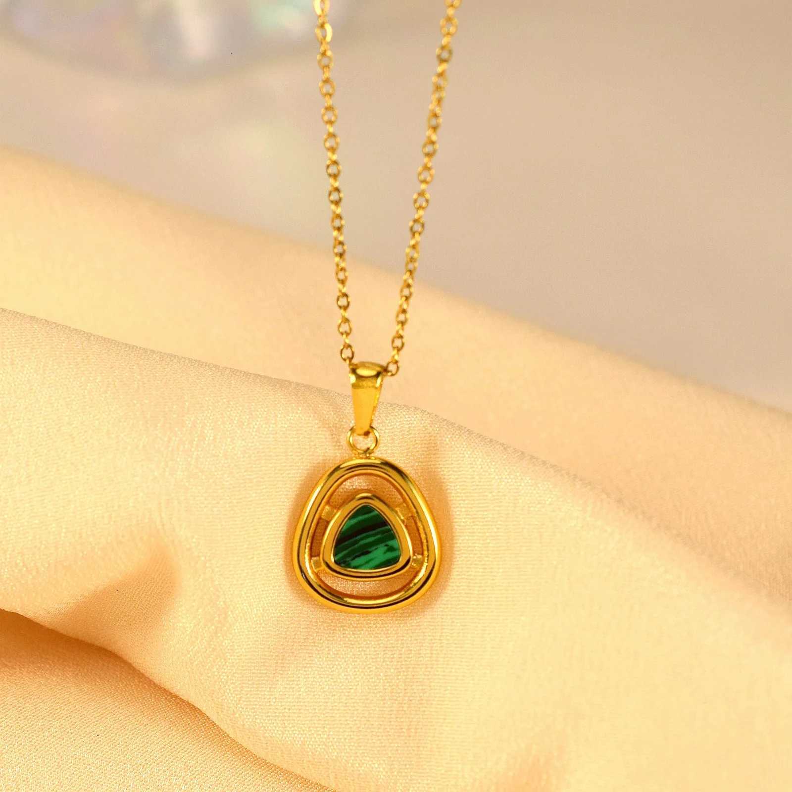 Womens Green Opal Pendant Necklace Hollow Triangle Stainless Steel Fashion Jewelry Accessory M251216