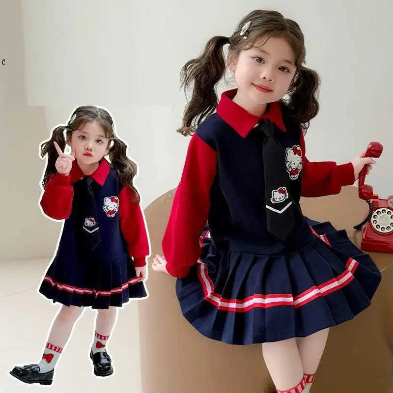 Sanrio Hello Kitty Dress Pleated Skirt Princess Dress Girl College Style Children Spring Fall Kawaii Fashion New Casual Clothing H251216