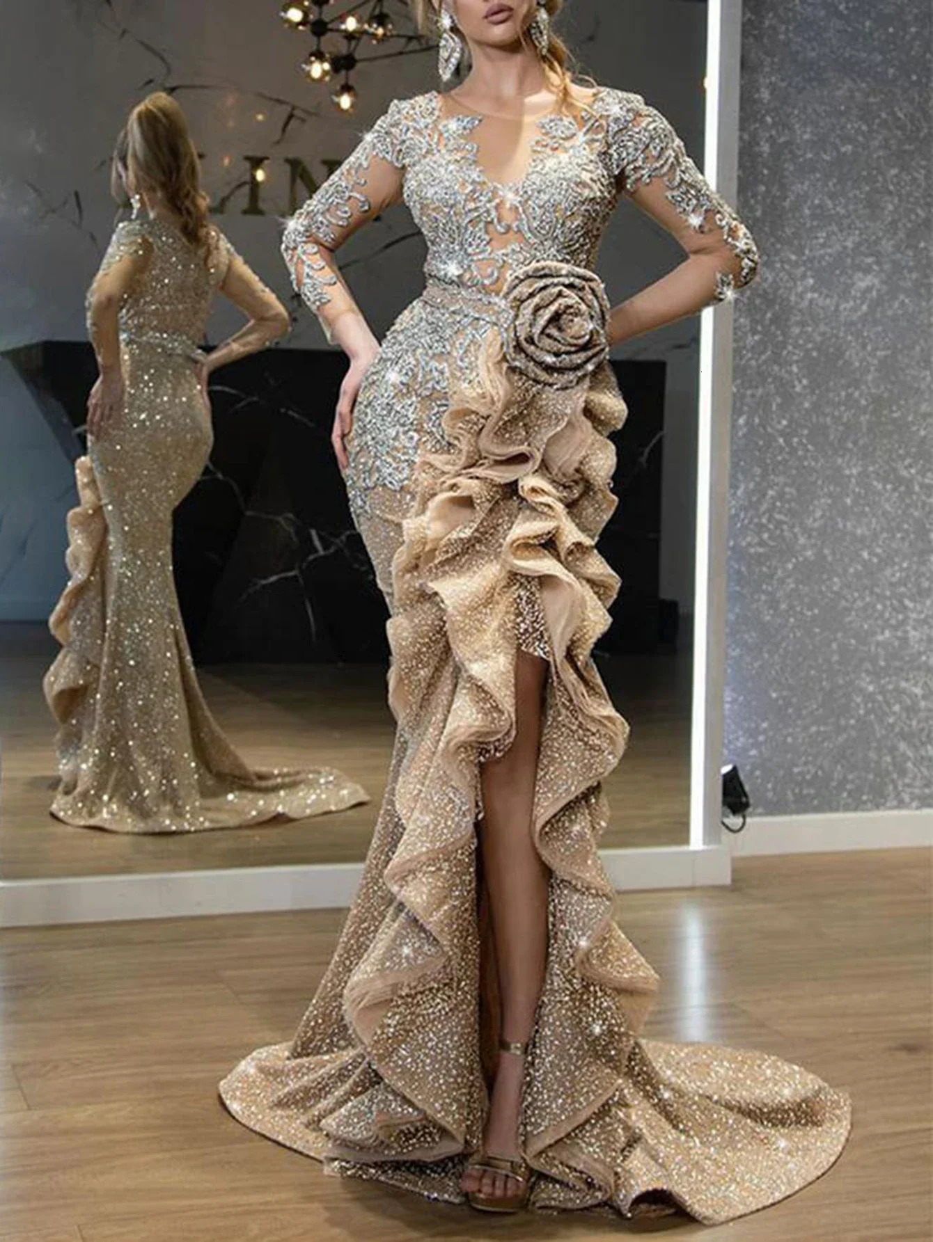 Autumn Winter Womens Dresses Elegant Sexy Draped ThreeDimensional Floral Long Sleeve Crew Neck Evening 251213