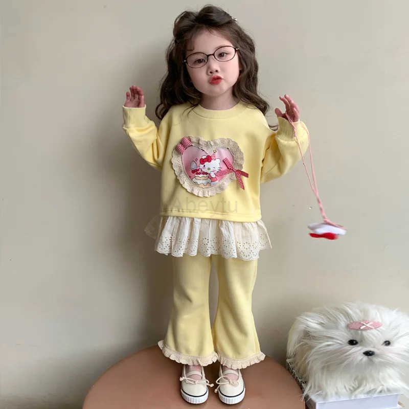 Sanrio Girl Clothes Set Autumn Kid Sweatshirts Pullover Hello Kitty Top Bell-bottoms Pants 2pcs Suit Children Sweet Tracksuits Outfit H251216