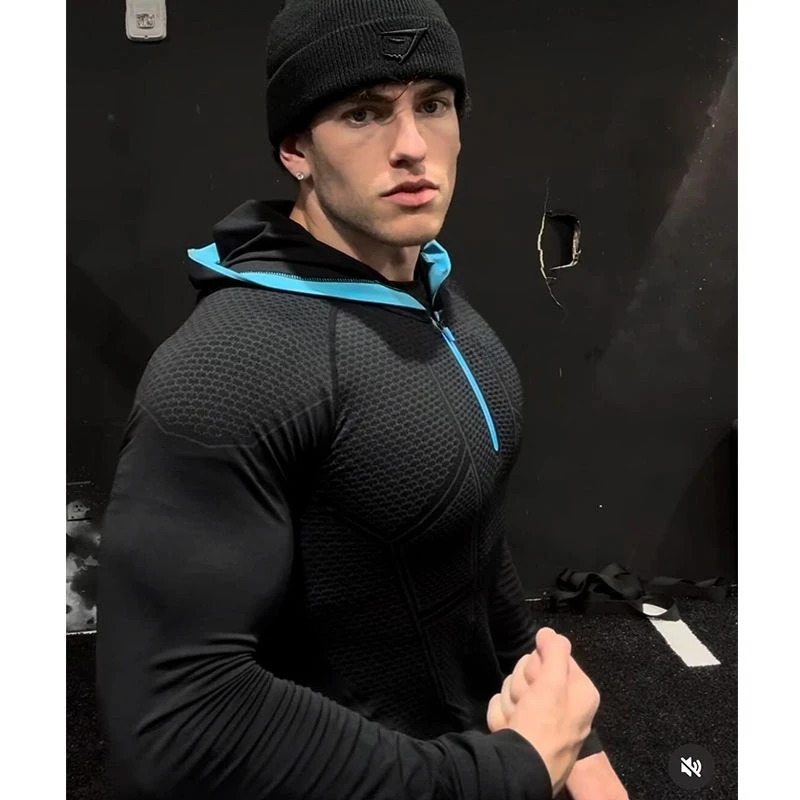 Mens Quick Dry Breathable Slim Fit Elastic Hooded Zipper Long Sleeve Fitness TShirt for Gym Sports Casual 251216