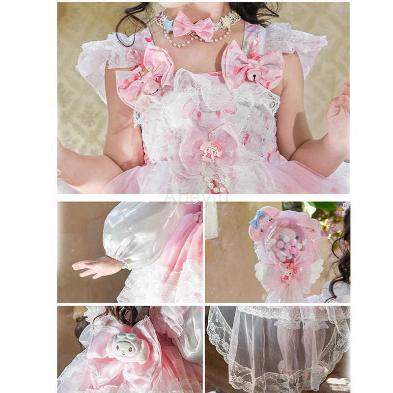 Sanrio Anime My Melody Girls Lolita Princess Dress Lace Party Outfit Girl Clothe Decoration Tutu Skirt Kids Cute Princess Birthday Gift H251216