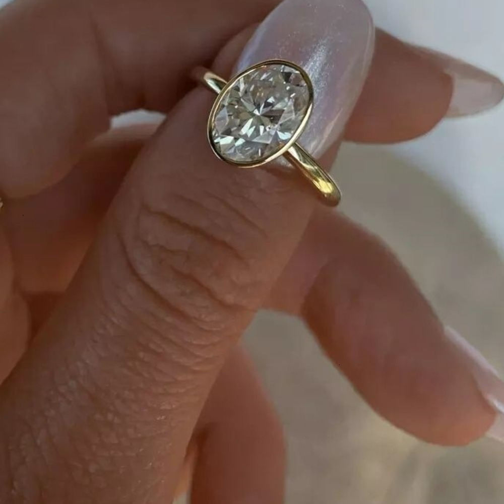 Band Rings Classic Boutique 5CT Oval Diamond 18k Solid Yellow Gold Oval Moissanite Engagement Bezel Ring Wedding Bridal Jewelry