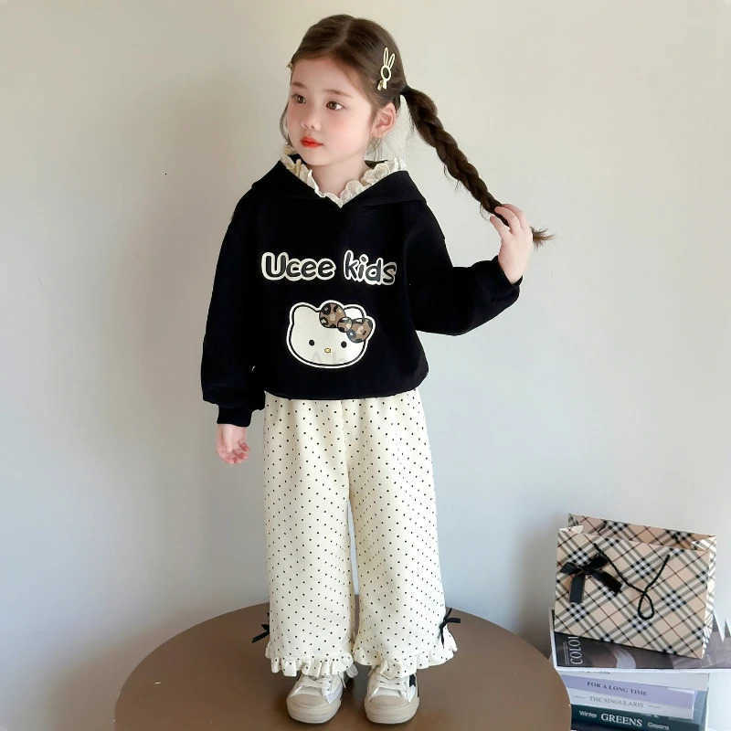 Sanrio Girl Clothes Set Autumn Kid Sweatshirts Pullover Hello Kitty TopPants 2pcs Suit Children Sweet Tracksuits Outfits Brand H251216