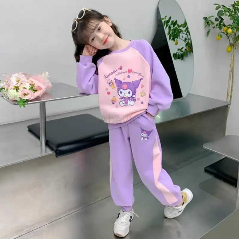 Sanrio Anime Cartoon Kawaii Girls Color Combination Suit Kuromi Spring and Autumn New Sweatshirt Trousers Sportswear Soft Sweet H251216