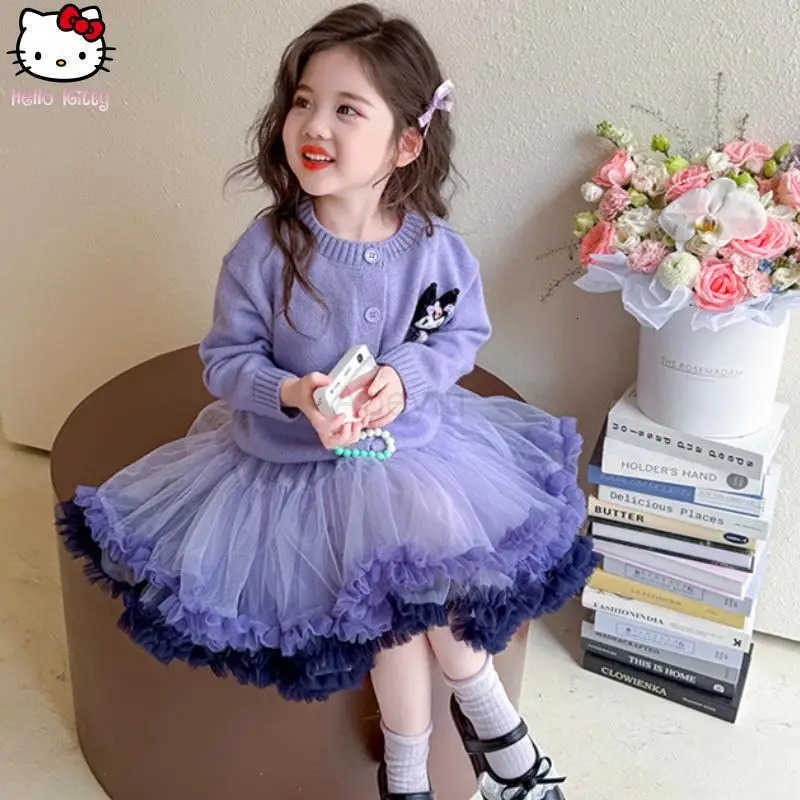 Sanrio Anime Cartoon Girls Clothing Hello Kitty Kuromi Knitted Cardigan Puffy Skirt Suit Kawaii New College Style Tutu Skirt2Pcs H251216