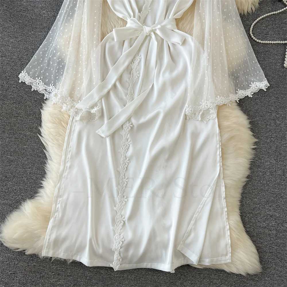 Sexy Embroider Edge Lady Kimono Bathrobe Dress Gown Mesh Sleeve Wedding Long Robe Sleepwear Loose Silk Satin Nightwear Lingerie C251216