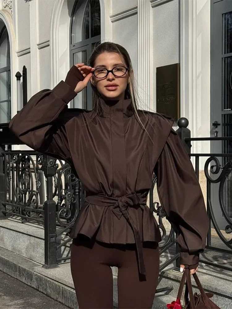 Solid Belted Loose Trench Coat Fashion Lapel Long Sleeve Zipper Button Bomber Jacket Lady Autumn High Street Windbreaker 2025T251216