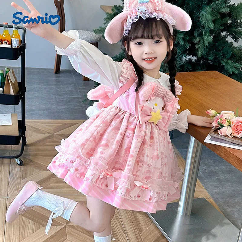 Sanrio Anime My Melody Lolita Princess Dress Girl Bow Decoration Party Dress Ruffled Tutu Skirt kids Layered Dress Ball Gown gift H251216