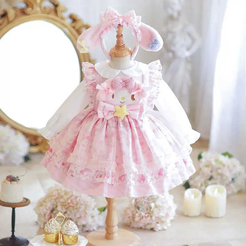 Sanrio My Melody Girls Lolita Princess Dress Party Dress Bow Decoration Dress Ruffled Tutu Skirt Anime Layered Dress Halloween H251216