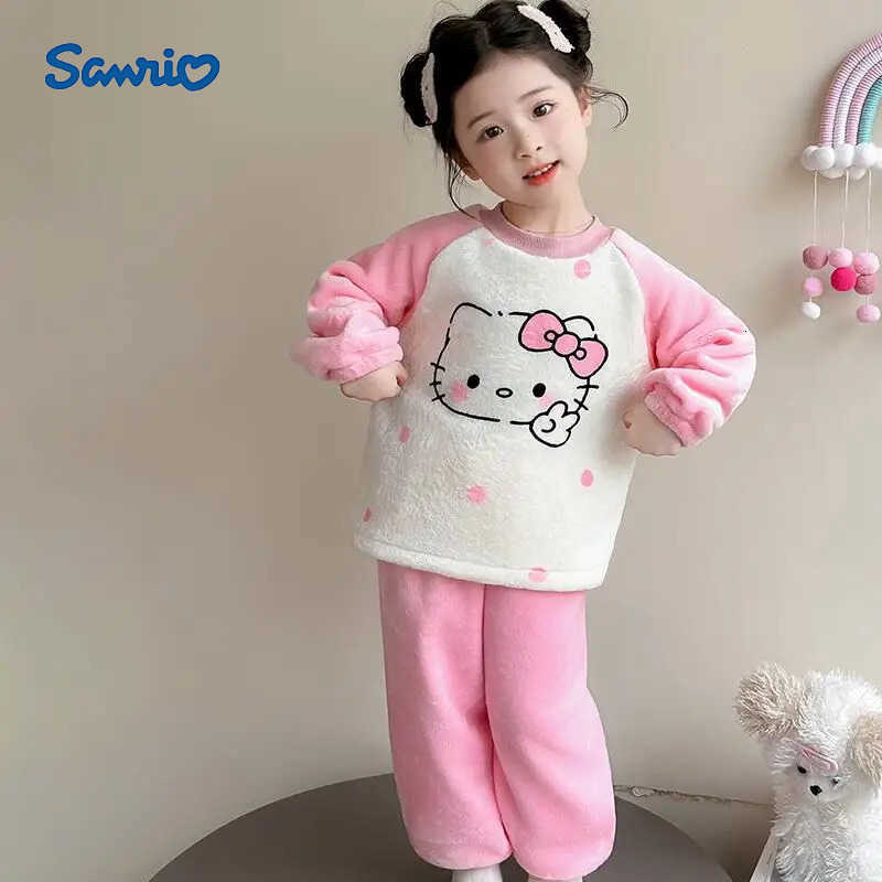 Sanrio Hello Kitty Flannel Pajamas Two-Piece Set Pullover Pants Girl Autumn Tops Child Kawaii Cartoon Fashion Casual Homewear H251216