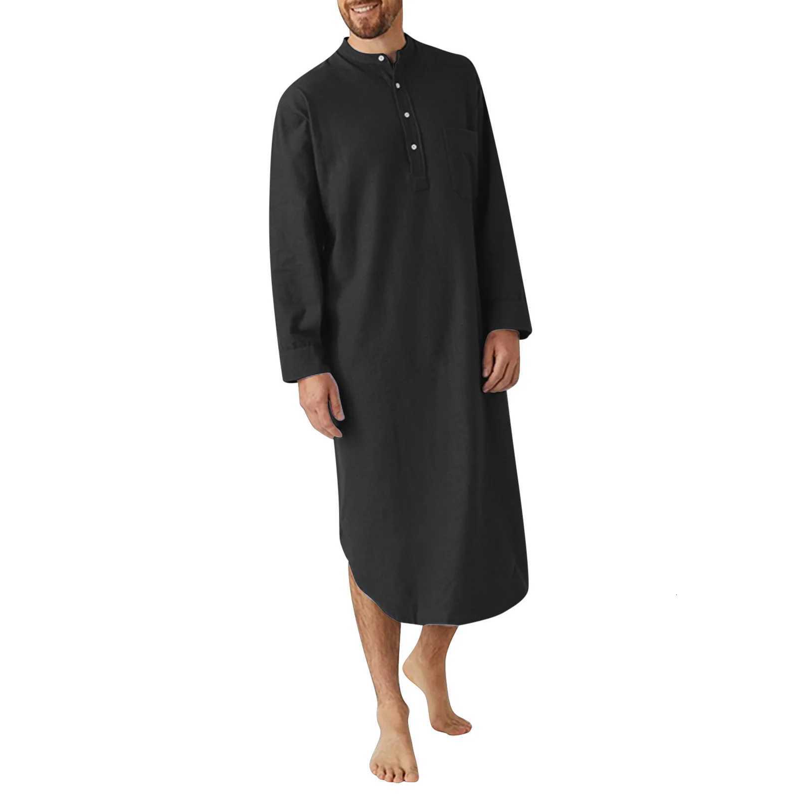 Mens Cotton Button-down Sleep Robe Solid Color Stand Neck Long Sleeve Nightgown Fashion Comfortable Home Wear Loose Bathrobe C251216