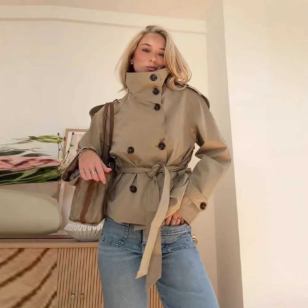 2025 New Autumn Womens Chic Stand Collar Double-breasted Belted Waist Cropped Trench Coat Shoulder Casual Street OuterwearT251216