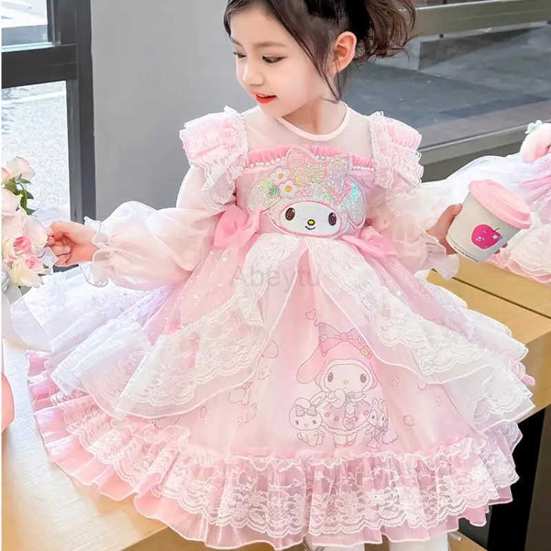 Sanrio Hot Girl Dress My Melody Cinnamoroll Kawaii Anime Fashion Children Long Sleeves Lace Princess Dress Children Clothing New H251216