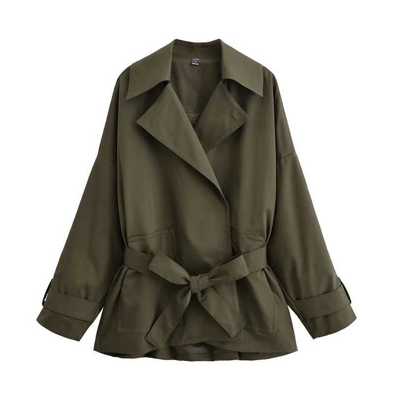 Womens Trench Coat 2025 Autumn New Style Army Green Long Sleeve Ruffled Decorative Belted Trench Coat British Style FashionableT251216