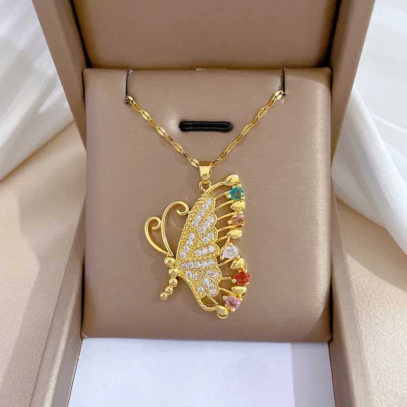 OIMG 316L Stainless Steel Gold Plated Charming Colorful Rhinestone Butterfly Pendant Neckalce For Women Girls Luxury Jewelry M251216