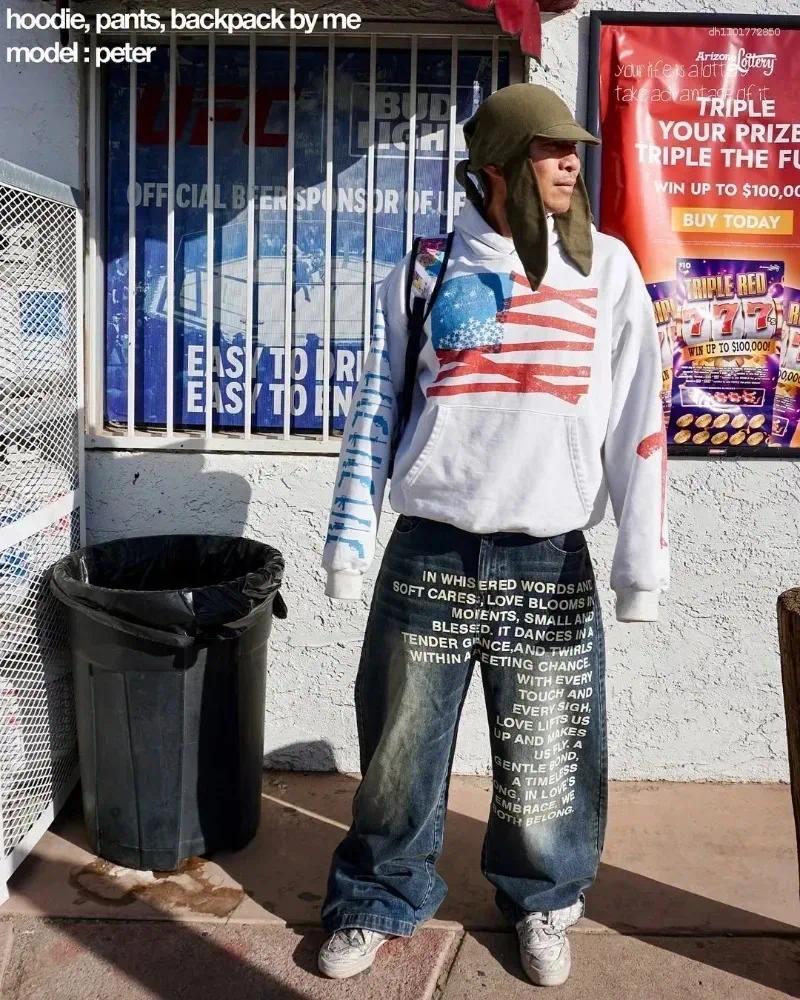 Men's Jeans Y2K Men American Pattern Letter Baggy Women Floor Harajuku Hip Hop Goth Casual Wide Leg Streetwear - view 3