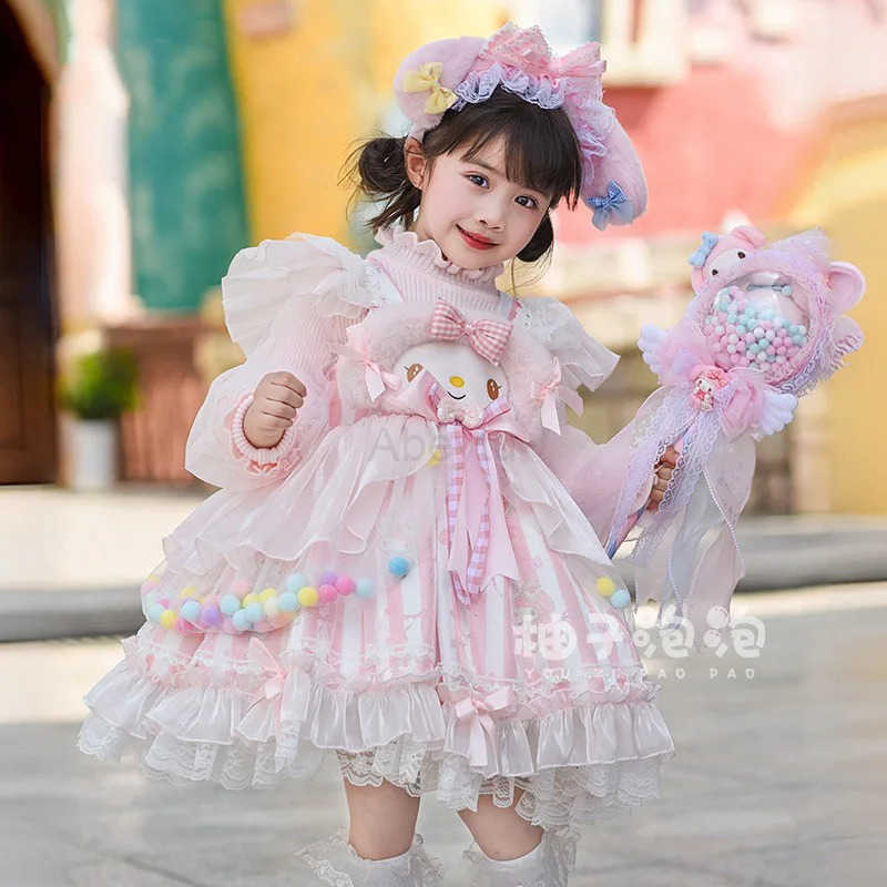 Sanrio Kawaii My Melody Kawaii Children Lolita Dress Anime Winter Plush Warm Princess Dress Girl Cute Birthday Party Cosplay Dress Gift H251216