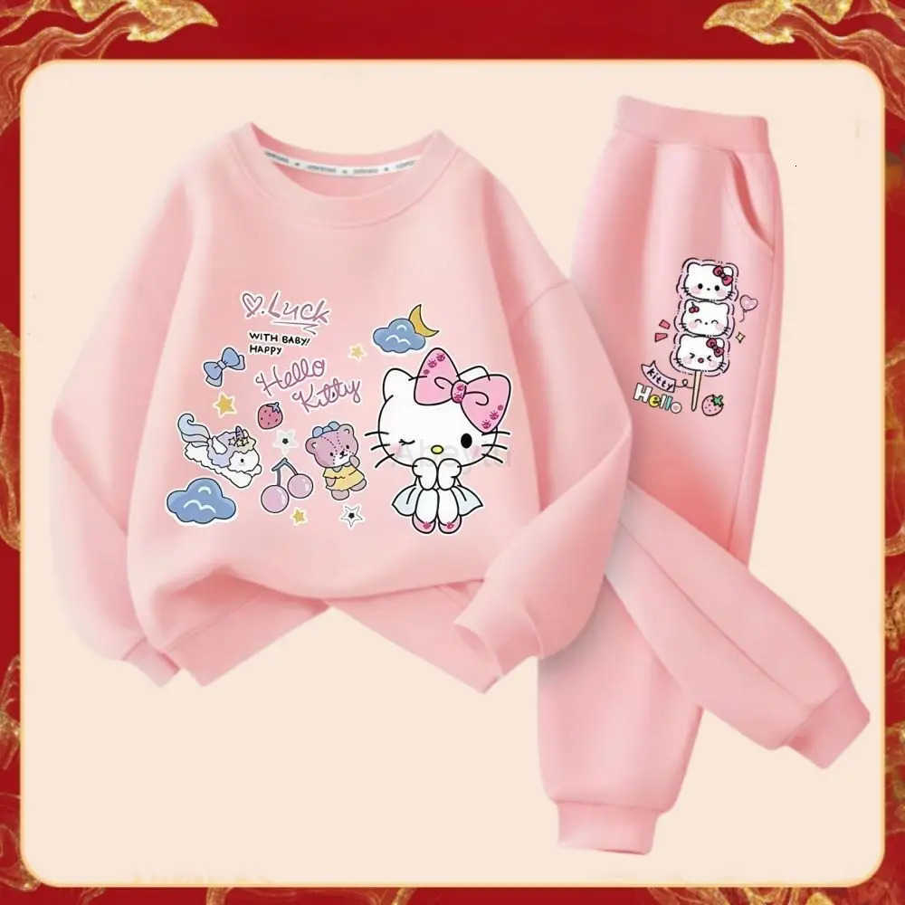 Sanrio Spring Autumn Girls Fashion Clothes Sets Kids Cartoon Hello Kitty Print Sweater Pullover Tops Pants 2Pcs Outfit Tracksuit H251216