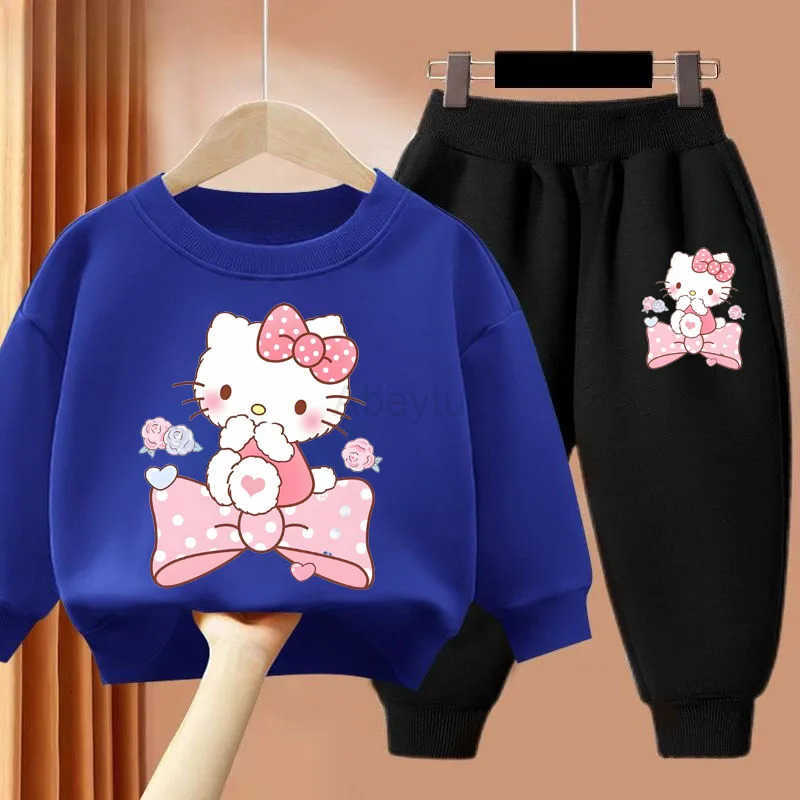 Sanrio Kitty Printed Girls Pullover and Long Pant Two Piece Sets Spring New Childrens Casual Sport Clothing Set Kids Casual Sweatsuit H251216