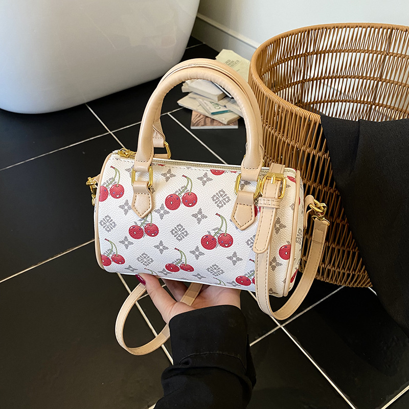 New elegant womens handbag cherry print sophisticated Boston bag versatile party crossbody bag free shipping white dark brown