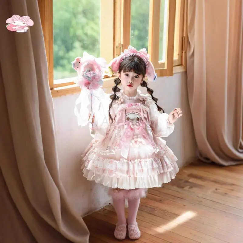 Sanrio My Melody Anime Girl Lolita Princess Dress with Lace Fluffy Skirt Bow Decoration Layered Festival Party Ball Gown for Kids H251216