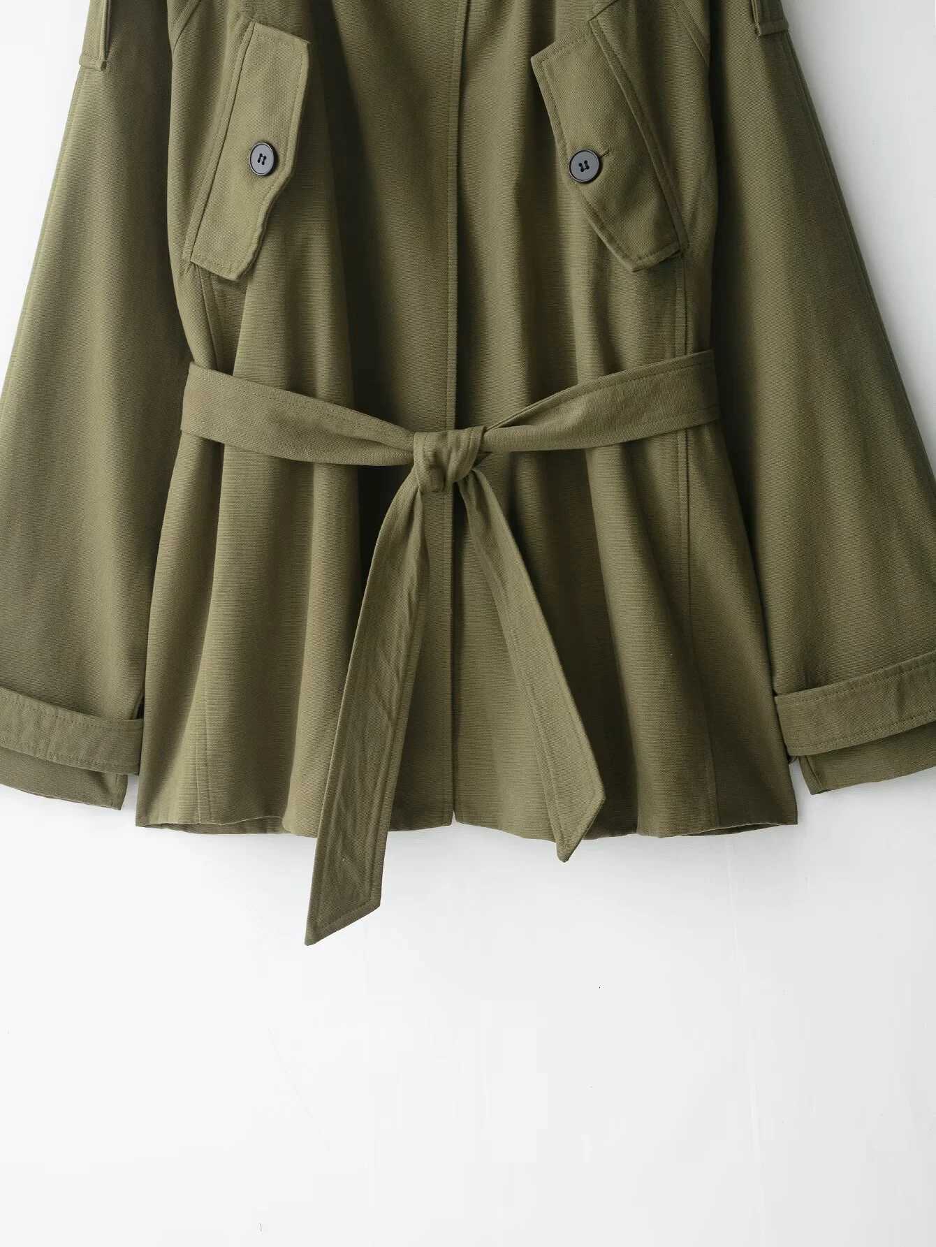 2025 Autumn New Womens Casual Fashion Simple and Loose Design High Collar Long Sleeve Versatile Cotton Belt WindbreakerT251216