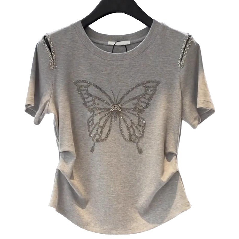 Designer Luxury Factory Direct Supply High Rate 100% Cotton Summer Round Neck Butterfly Rhinestone Short Sleeve T-shirt Women's Fashion Top Women