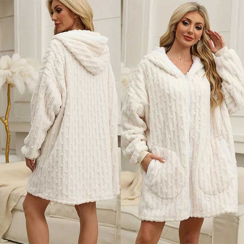 Autumn Winter Warm Flannel Nightgown Zipper Hooded Coral Fleece Sleepwear Bathrobe Gown Short Home Dress Loose Blanket Pajamas C251216