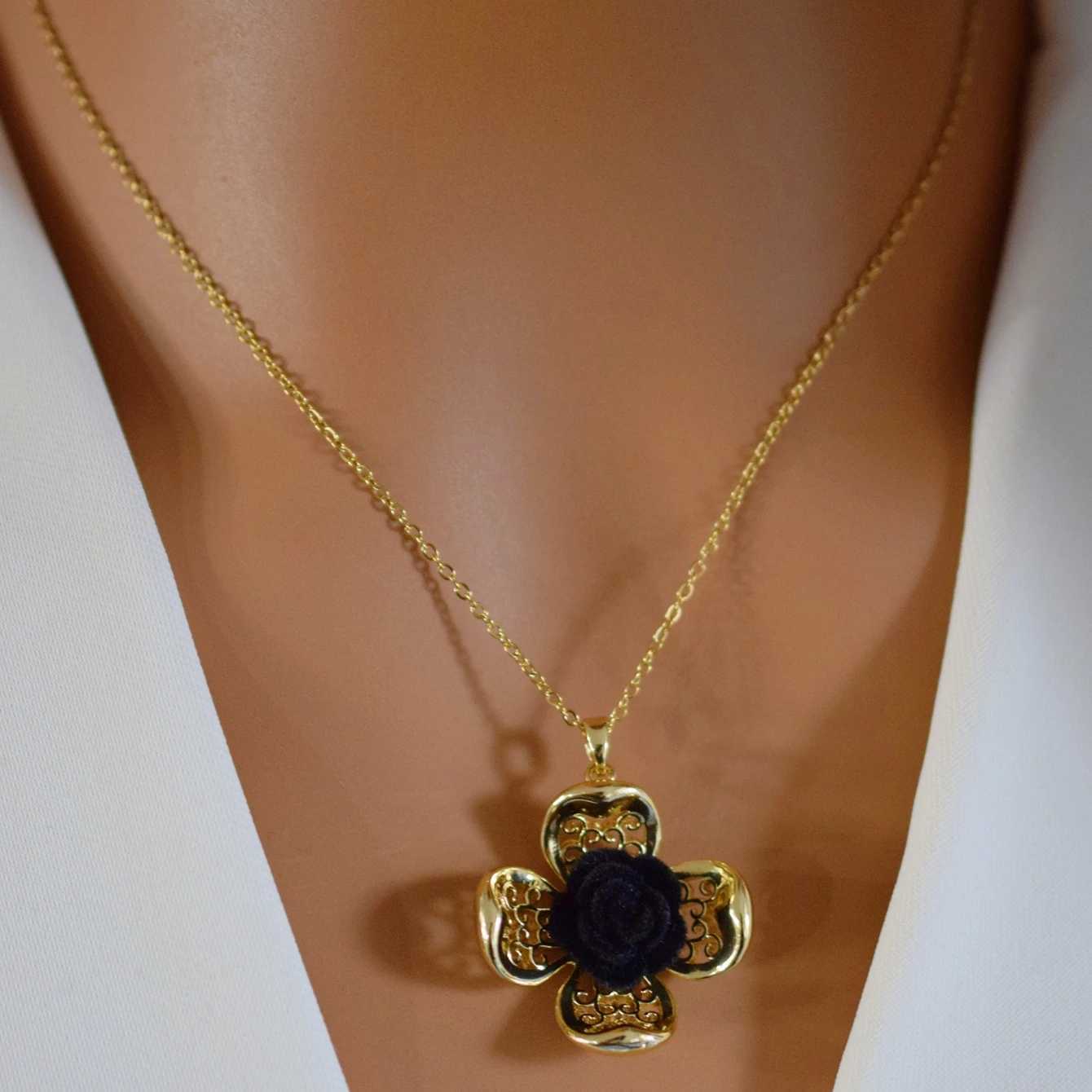 14k Gold Plated Flocking Rose DIY Pendant Accessories Flower and Heart Necklace M251216