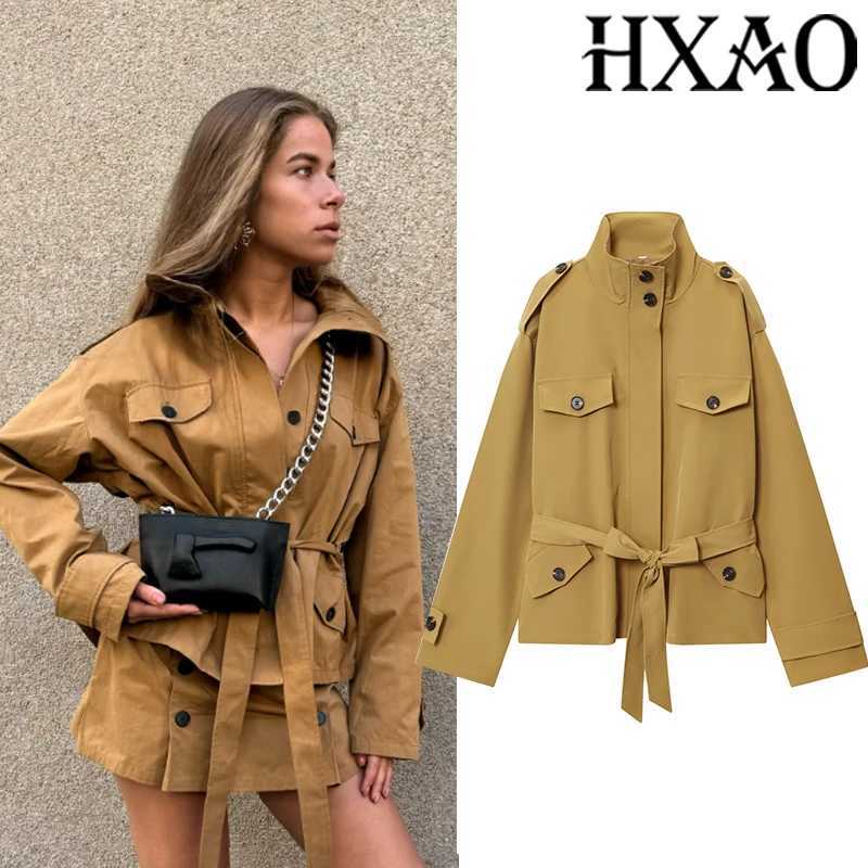 HXAO Womens Trench Coat Autumn Woman Trench Cropped Coat Womens Belt Windbreaker Outerwear Long Sleeve Button Short TrenchT251216