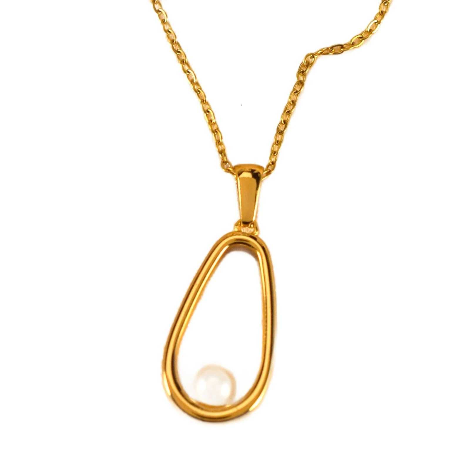 Womens Stainless Steel Necklace with Oval Imitation Pearl Water Drop Pendant Fashion Party Jewelry Gift M251216