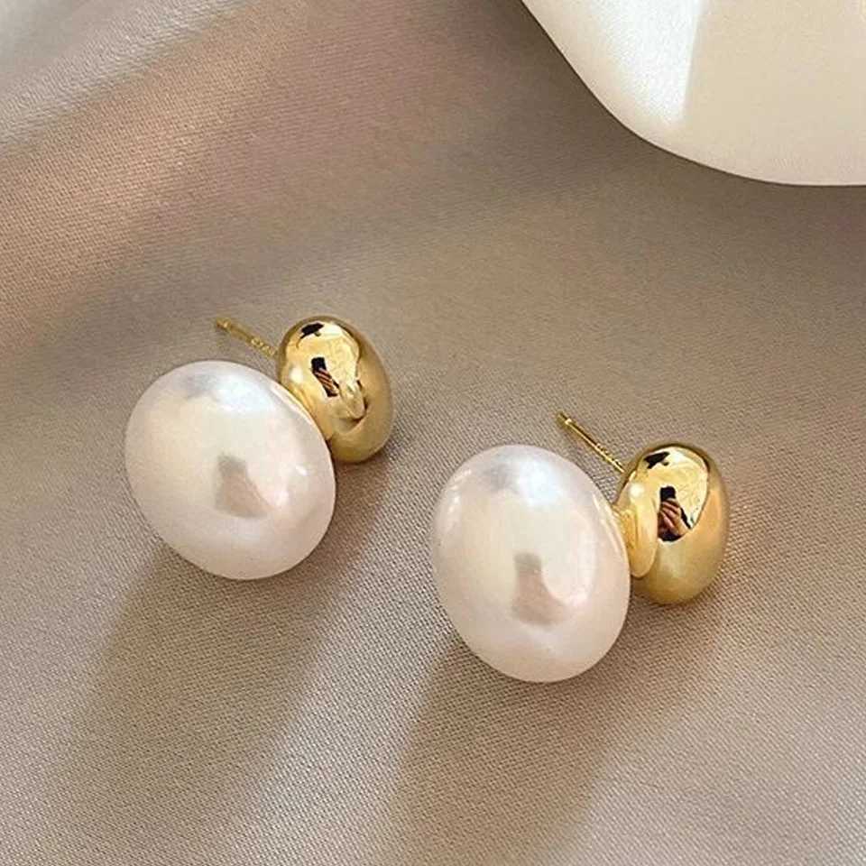 Yupsk French Gold Color Bean Spliced Flat Pearl Earring for Women Korean Fashion Smooth Pearl Ear Accessories Gift For New Year G251216