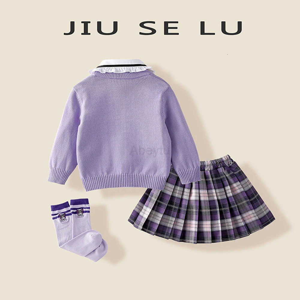 Sanrio Anime My Melody Autumn Girls Kids 3Pcs Set Sanrios Kuromi Fashion Kawaii Children College Style Cardigan Shirt Pleated Skirt Set H251216