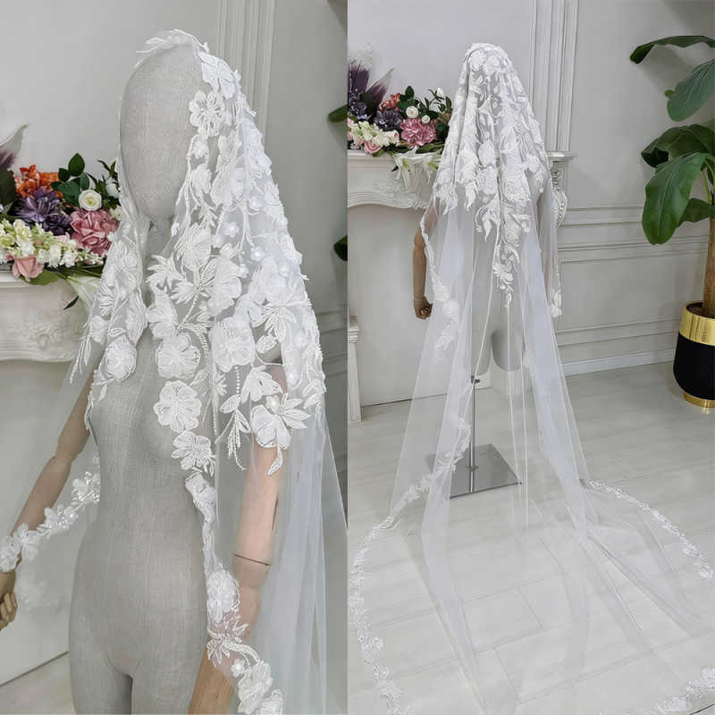 Gorgeous 3D Flowers Wedding Veils One Layer Long Cathedral Length Bridal Veils Sequins Customized Marriage Accessories